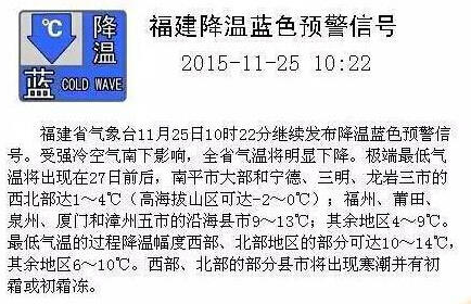 闽发布降温蓝色预警1