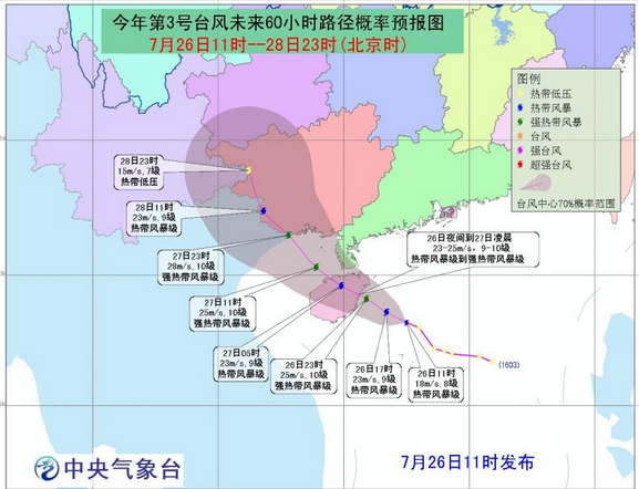 2016年第3号台风银河路径概率预报图1